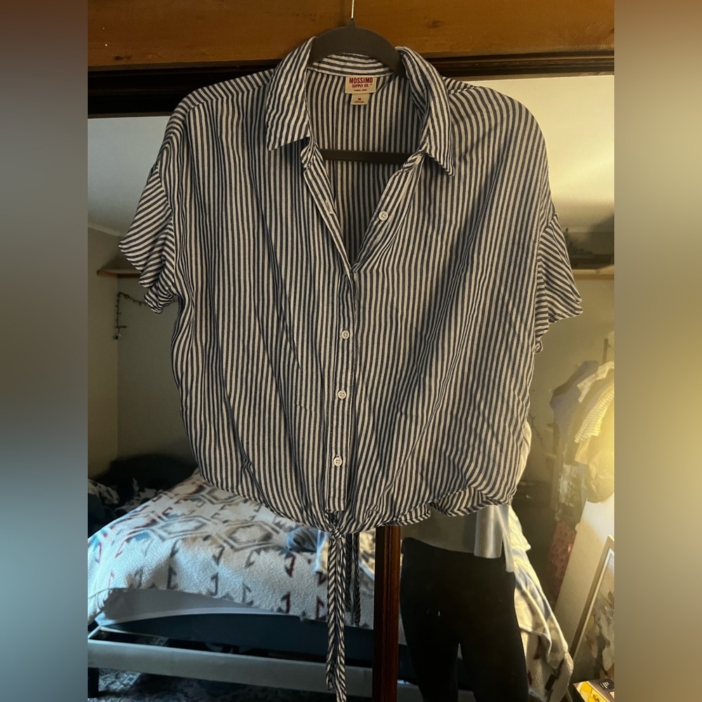 Mossimo Supply Co. Navy and White Striped Tie-Front Shirt